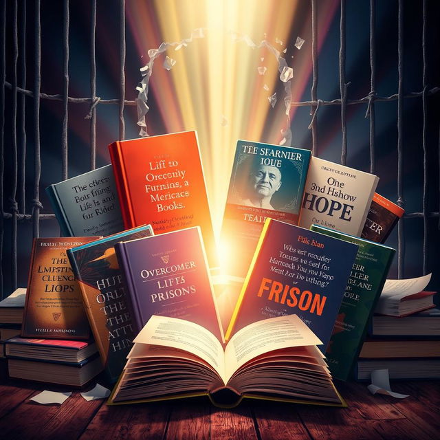 A powerful and inspiring image depicting a collection of books that symbolize overcoming life's prisons