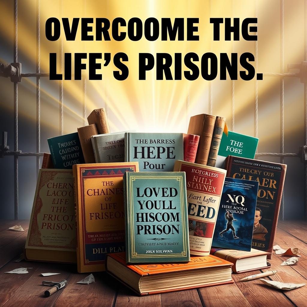 A powerful and inspiring image depicting a collection of books that symbolize overcoming life's prisons