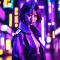 Generate an image of a beautiful young Japanese woman, a master of the sword, in a vivid neon purple, cyberpunk setting.