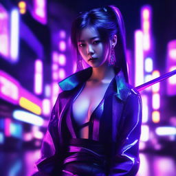 Generate an image of a beautiful young Japanese woman, a master of the sword, in a vivid neon purple, cyberpunk setting.