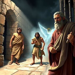 A visually striking artwork depicting the most famous prisoners of the Bible, including Joseph in an Egyptian prison, Paul the Apostle in chains, and Peter escaping from prison
