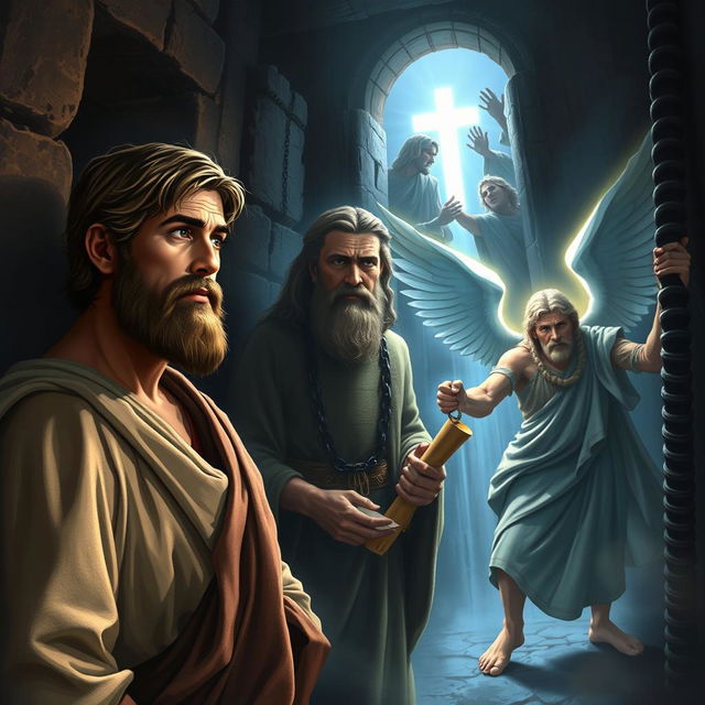 A visually striking artwork depicting the most famous prisoners of the Bible, including Joseph in an Egyptian prison, Paul the Apostle in chains, and Peter escaping from prison