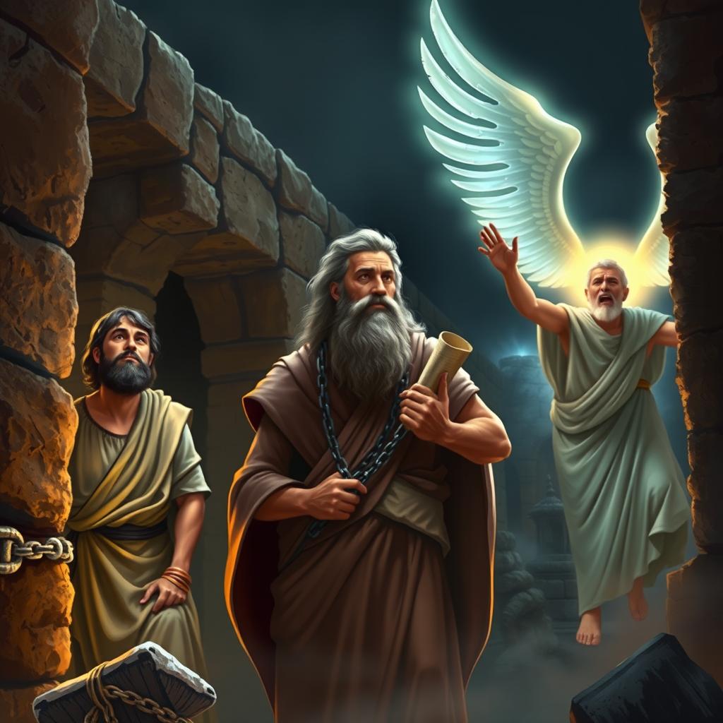 A visually striking artwork depicting the most famous prisoners of the Bible, including Joseph in an Egyptian prison, Paul the Apostle in chains, and Peter escaping from prison