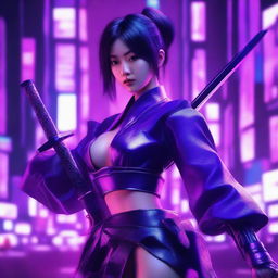 Generate an image of a beautiful young Japanese woman, a master of the sword, in a vivid neon purple, cyberpunk setting.