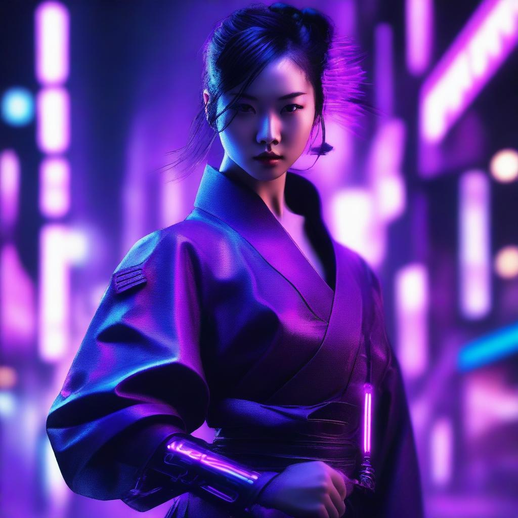 Generate an image of a beautiful young Chinese woman who is a master of the sword, enveloped in a neon purple, cyberpunk atmosphere