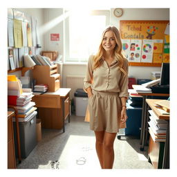 A young blonde woman in a school secretary setting, surrounded by school supplies and papers