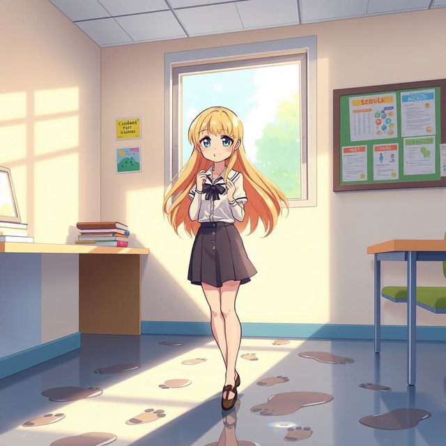 An anime-style illustration of a young blonde woman in a school office setting, characterized by vibrant colors and exaggerated facial features