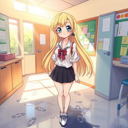 An anime-style illustration of a young blonde woman in a school office setting, characterized by vibrant colors and exaggerated facial features