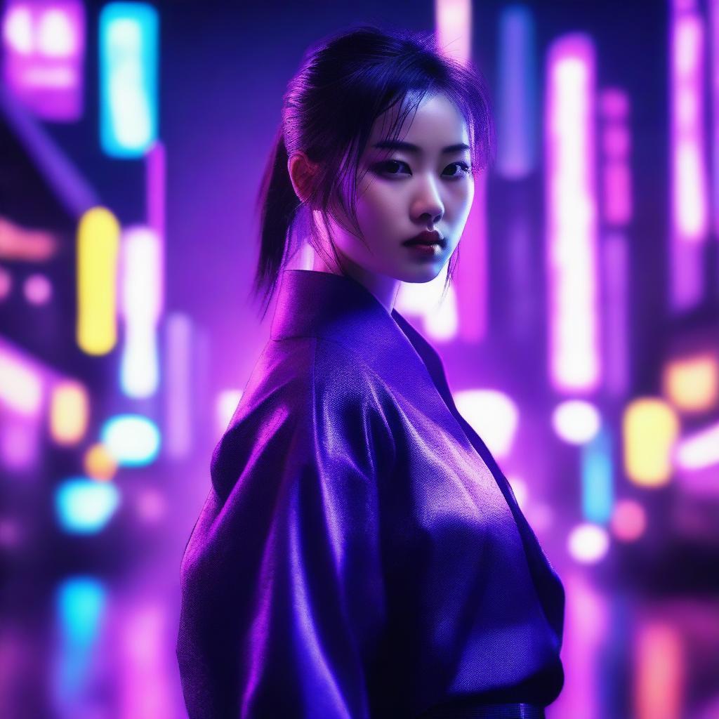 Generate an image of a beautiful young Chinese woman who is a master of the sword, enveloped in a neon purple, cyberpunk atmosphere