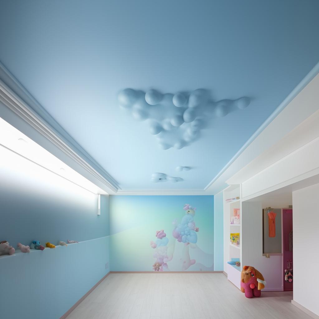 Design a ceiling in sky blue color, incorporating subtle hue gradient and figure out the best harmonious color for puppy-themed designs.