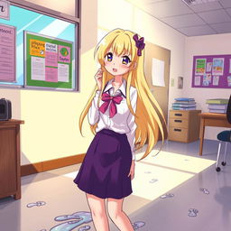 An anime-style illustration of a young blonde woman in a school office setting, characterized by vibrant colors and exaggerated facial features