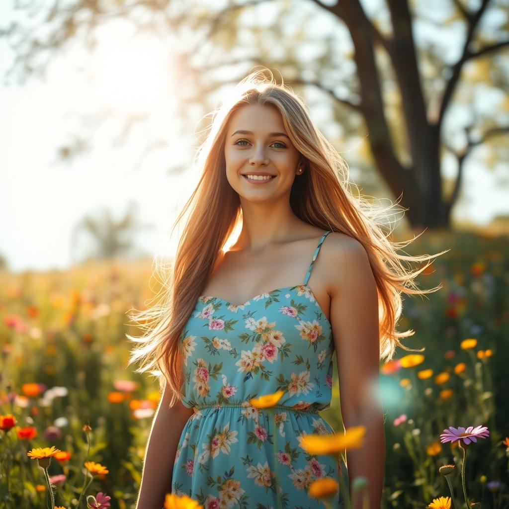 A young woman with long flowing hair, wearing a stylish summer dress with floral patterns, standing in a sunlit meadow filled with colorful wildflowers