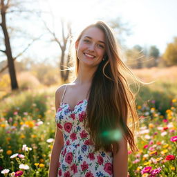 A young woman with long flowing hair, wearing a stylish summer dress with floral patterns, standing in a sunlit meadow filled with colorful wildflowers