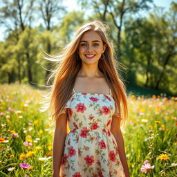 A young woman with long flowing hair, wearing a stylish summer dress with floral patterns, standing in a sunlit meadow filled with colorful wildflowers