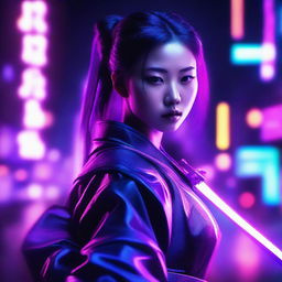 Generate an image of a beautiful young Chinese woman who is a master of the sword, enveloped in a neon purple, cyberpunk atmosphere