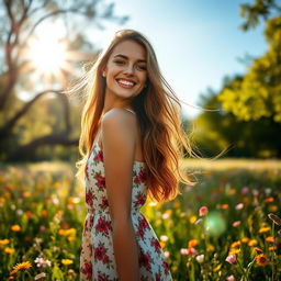 A young woman with long flowing hair, wearing a stylish summer dress with floral patterns, standing in a sunlit meadow filled with colorful wildflowers
