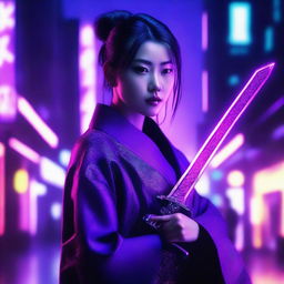 Generate an image of a beautiful young Chinese woman who is a master of the sword, enveloped in a neon purple, cyberpunk atmosphere