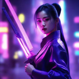 Generate an image of a beautiful young Korean woman who is a master of the sword, immersed in a neon purple, cyberpunk milieu