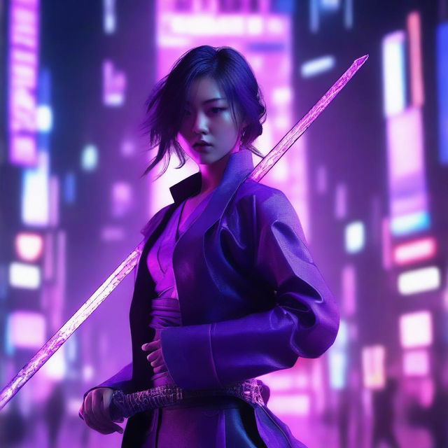 Generate an image of a beautiful young Korean woman who is a master of the sword, immersed in a neon purple, cyberpunk milieu