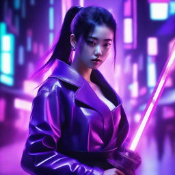 Generate an image of a beautiful young Korean woman who is a master of the sword, immersed in a neon purple, cyberpunk milieu