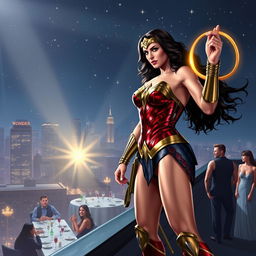 Wonder Woman, clad in her iconic red and gold armor, is in the midst of an action-packed jewel heist scene