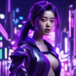 Generate an image of a beautiful young Korean woman who is a master of the sword, immersed in a neon purple, cyberpunk milieu