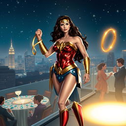 Wonder Woman, clad in her iconic red and gold armor, is in the midst of an action-packed jewel heist scene