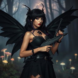 A goth fairy with dark, flowing wings, wearing a stylish black outfit adorned with lace and leather elements, holding a sleek pistol at her side