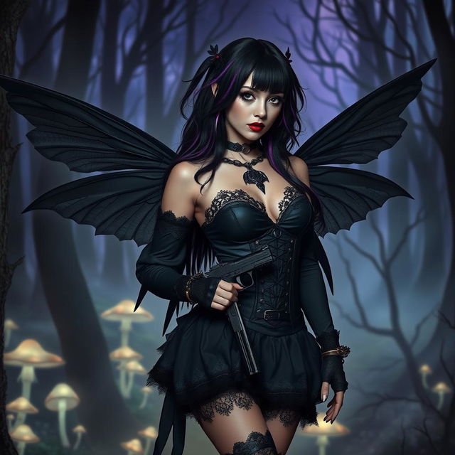 A goth fairy with dark, flowing wings, wearing a stylish black outfit adorned with lace and leather elements, holding a sleek pistol at her side