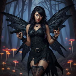 A goth fairy with dark, flowing wings, wearing a stylish black outfit adorned with lace and leather elements, holding a sleek pistol at her side