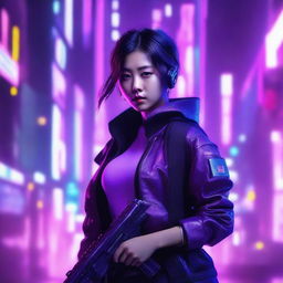 Generate an image of a beautiful young Korean woman as a skillful gunner, surrounded by the neon purple glow of a cyberpunk universe