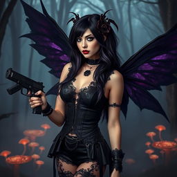 A goth fairy with dark, flowing wings, wearing a stylish black outfit adorned with lace and leather elements, holding a sleek pistol at her side