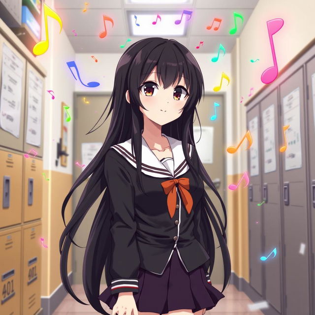 An anime-style illustration of a young woman with long black hair, standing in a school environment filled with musical themes