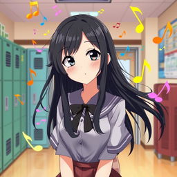 An anime-style illustration of a young woman with long black hair, standing in a school environment filled with musical themes