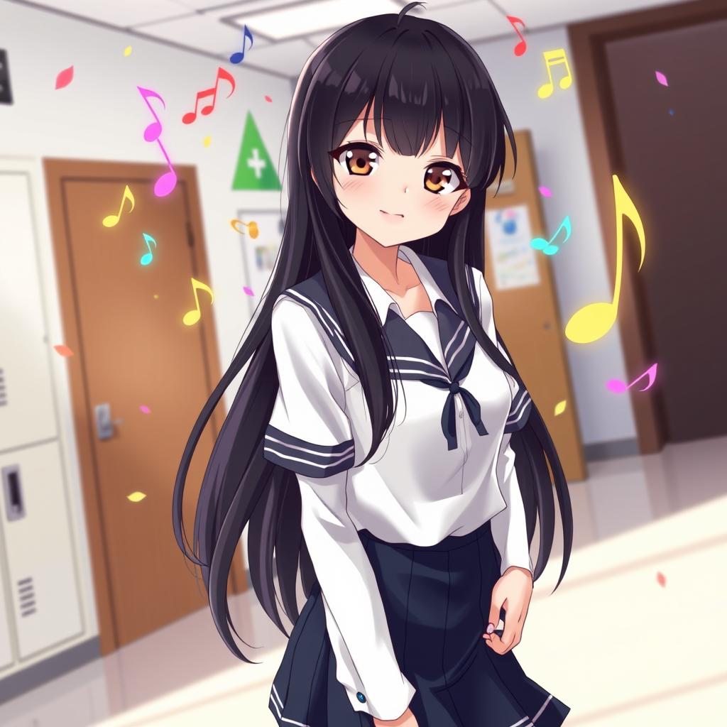 An anime-style illustration of a young woman with long black hair, standing in a school environment filled with musical themes