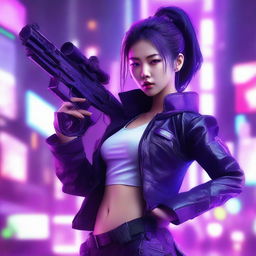 Generate an image of a beautiful young Korean woman as a skillful gunner, surrounded by the neon purple glow of a cyberpunk universe