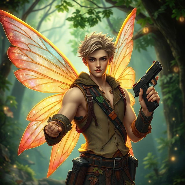 A male fairy with shimmering wings, delicately colorful and ethereal