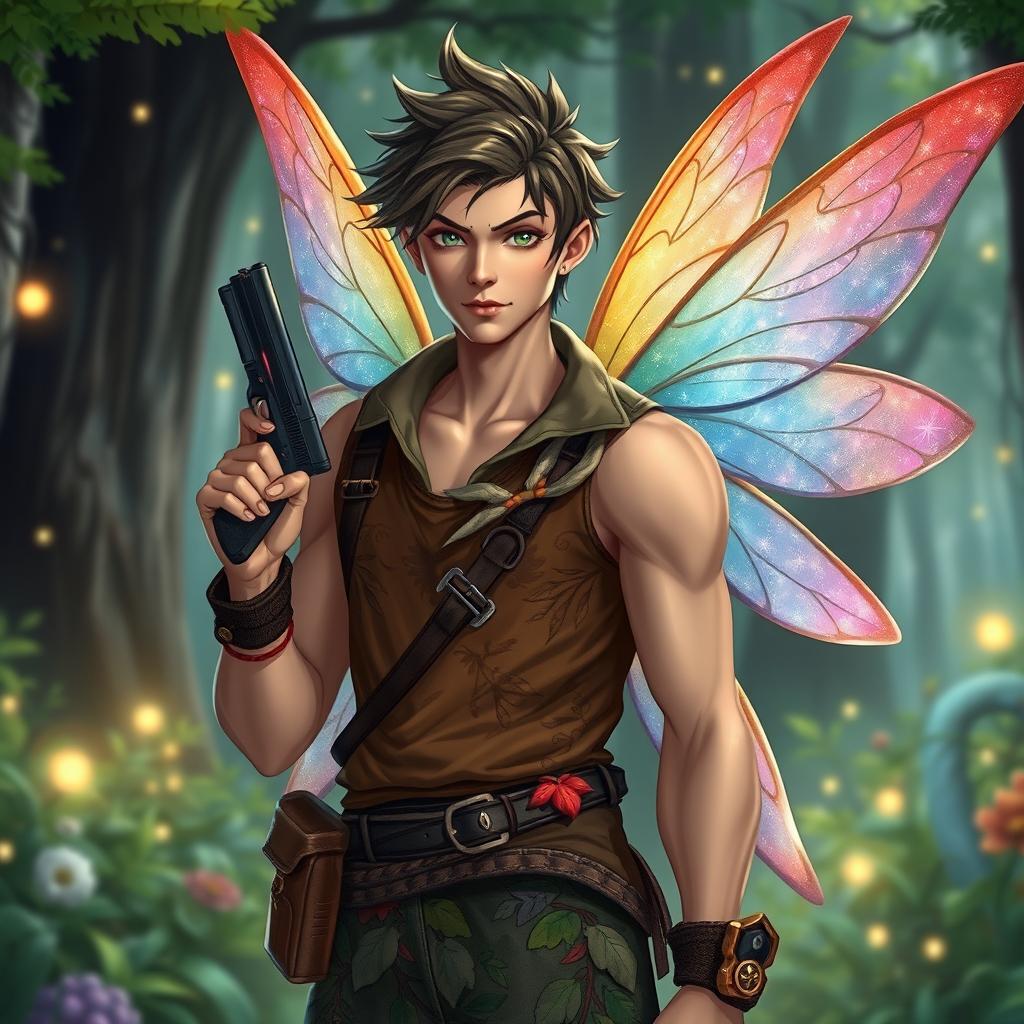 A male fairy with shimmering wings, delicately colorful and ethereal