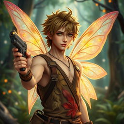 A male fairy with shimmering wings, delicately colorful and ethereal