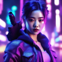 Generate an image of a beautiful young Korean woman as a skillful gunner, surrounded by the neon purple glow of a cyberpunk universe