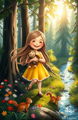 A whimsical and enchanting scene featuring a young girl with long, flowing hair and a bright sundress, happily exploring a lush forest with her beloved stuffed monkey