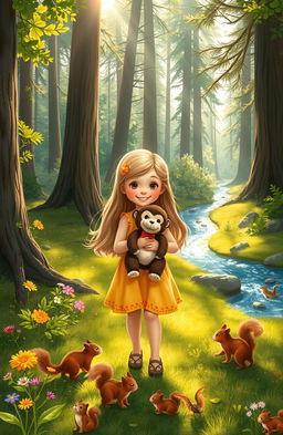 A whimsical and enchanting scene featuring a young girl with long, flowing hair and a bright sundress, happily exploring a lush forest with her beloved stuffed monkey