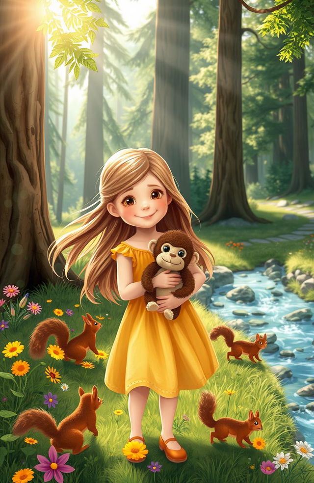 A whimsical and enchanting scene featuring a young girl with long, flowing hair and a bright sundress, happily exploring a lush forest with her beloved stuffed monkey