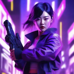 Generate an image of a beautiful young Korean woman as a skillful gunner, surrounded by the neon purple glow of a cyberpunk universe