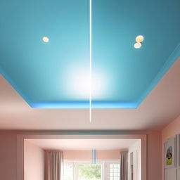 Design a ceiling in sky blue color, incorporating subtle hue gradient and figure out the best harmonious color for puppy-themed designs.