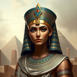 An artistic representation of Hatshepsut, the ancient Egyptian pharaoh, depicted in her royal attire