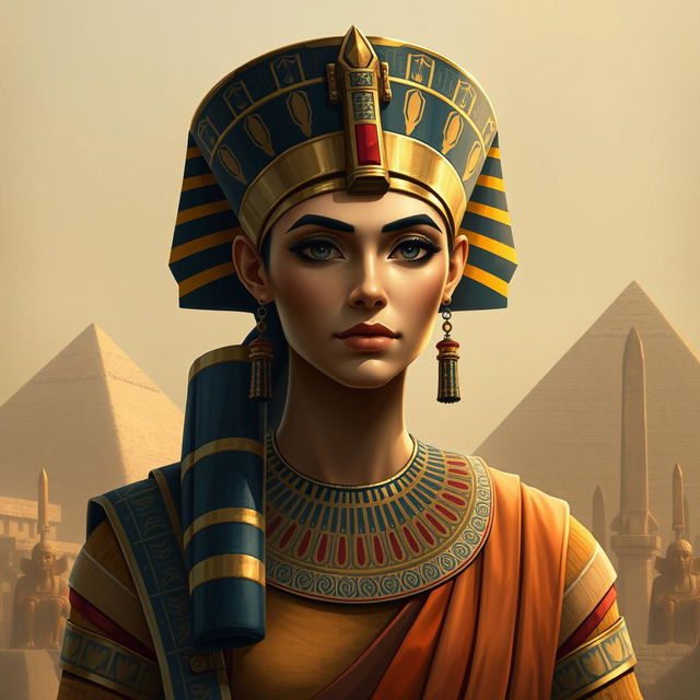 An artistic representation of Hatshepsut, the ancient Egyptian pharaoh, depicted in her royal attire