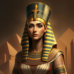 An artistic representation of Hatshepsut, the ancient Egyptian pharaoh, depicted in her royal attire