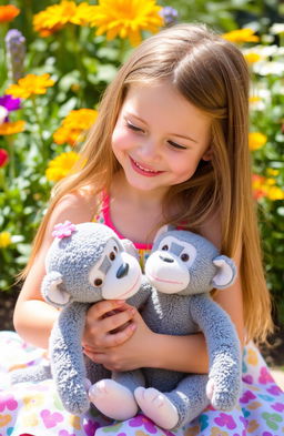 A 7-year-old girl joyfully playing with her stuffed monkey, which has a delicate flower on its head and is colored gray