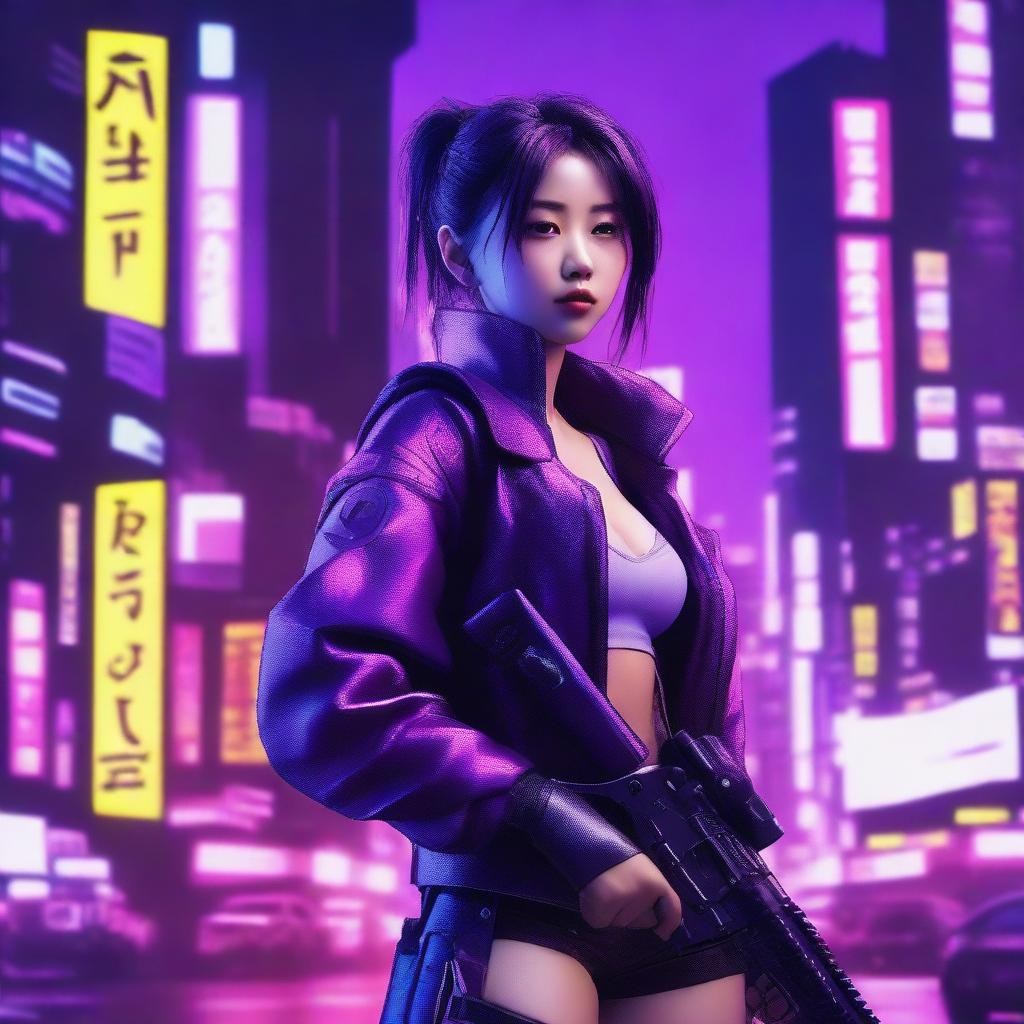 Generate an image of a cute and beautiful young Korean woman, a proficient gunner, set against the vibrant neon purple landscapes of a cyberpunk world